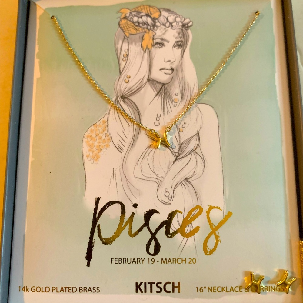 Kitsch 14k over brass zodiac necklace earring Pisces set gift 🎁 - Picture 1 of 4